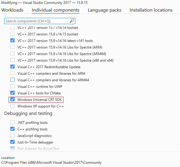 Windows Universal CRT SDK installation