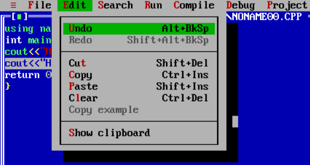copy and paste shortcuts in turbo c++